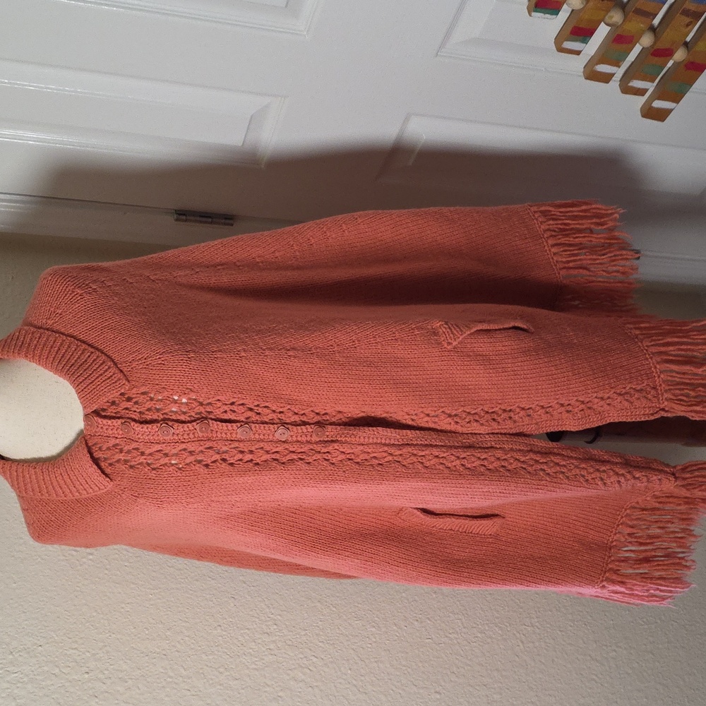 Vintage 70s Handmade Coral Knit Poncho with Fringe